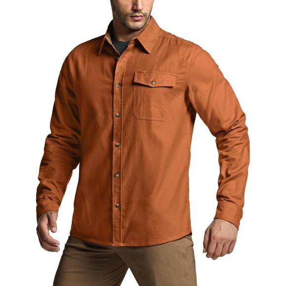 Mens Camel Cotton Flannel Shirt Long Sleeve Brushed Soft Casual Outdoor Plaid - Picture 9 of 9